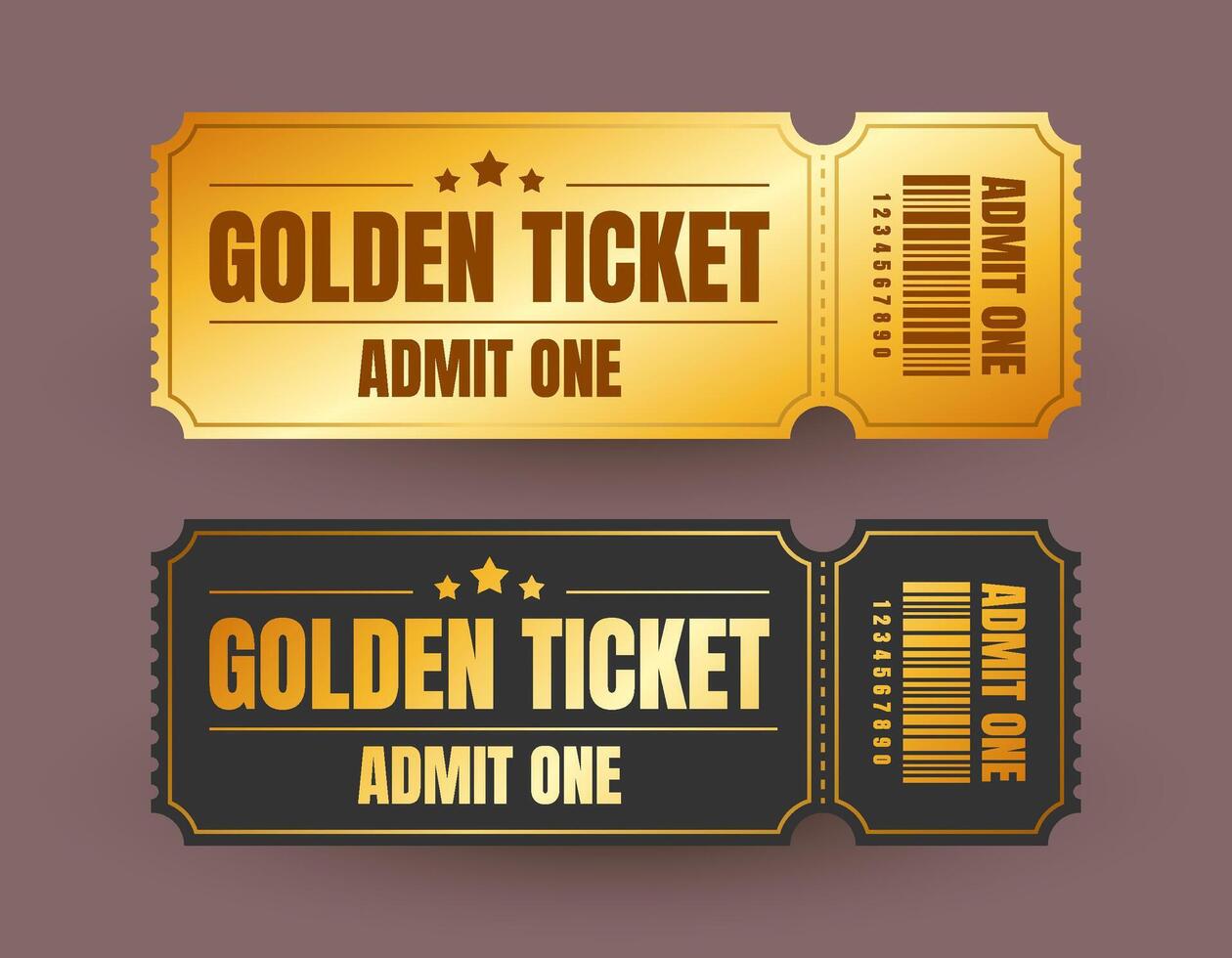Golden and black ticket template. Ideal for concerts, parties, or festivals. Isolated ticket design on a gray background. vector