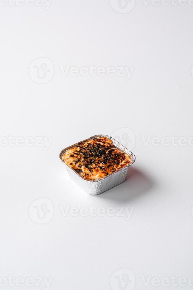 sushi is a Japanese dish of prepared vinegared rice, usually with some sugar and salt, accompanied by a variety of ingredients such as seafood, often raw and vegetables. photo