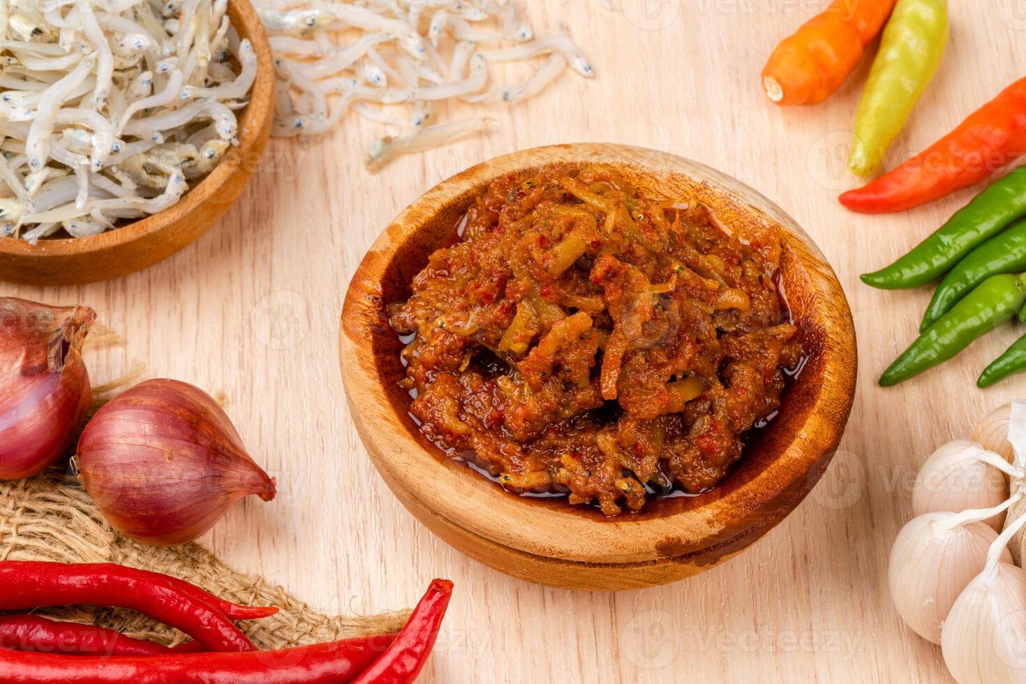 sambal ikan teri or anchovy chili is type of traditional cuisine from Indonesia. Indonesian chili sauce. photo