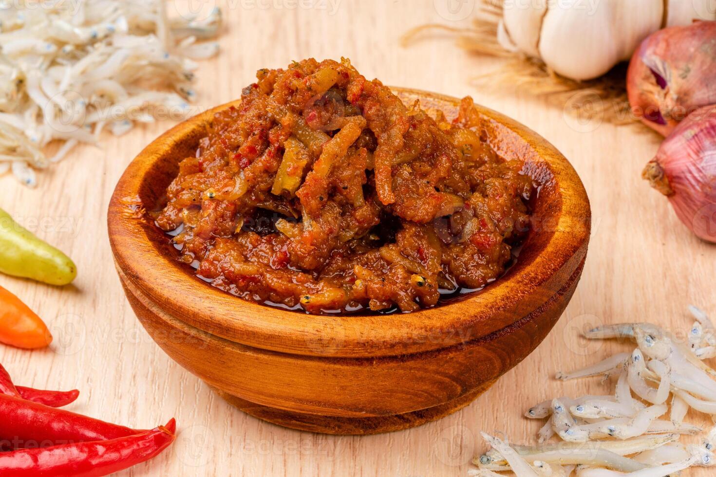 sambal ikan teri or anchovy chili is type of traditional cuisine from Indonesia. Indonesian chili sauce. photo