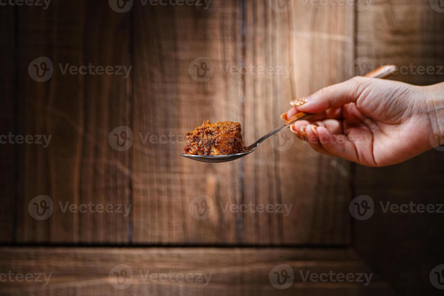 Rendang Pork. Rendang is an Indonesian West Sumatra Minangkabau spicy meat. that slow cooked in coconut milk and mixed spices. photo