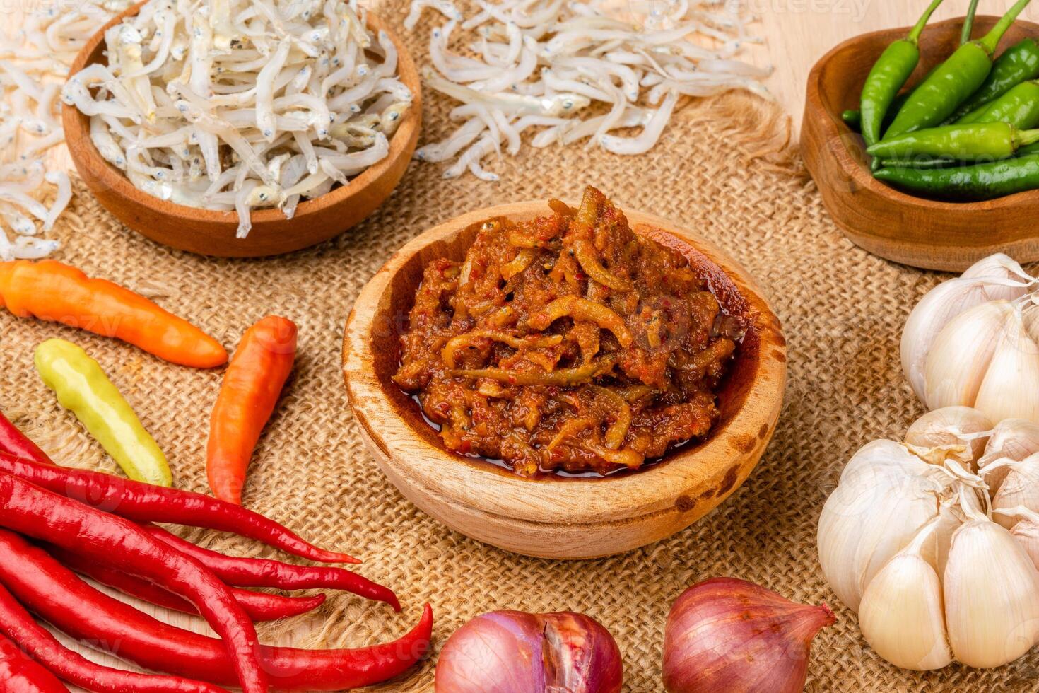 sambal ikan teri or anchovy chili is type of traditional cuisine from Indonesia. Indonesian chili sauce. photo