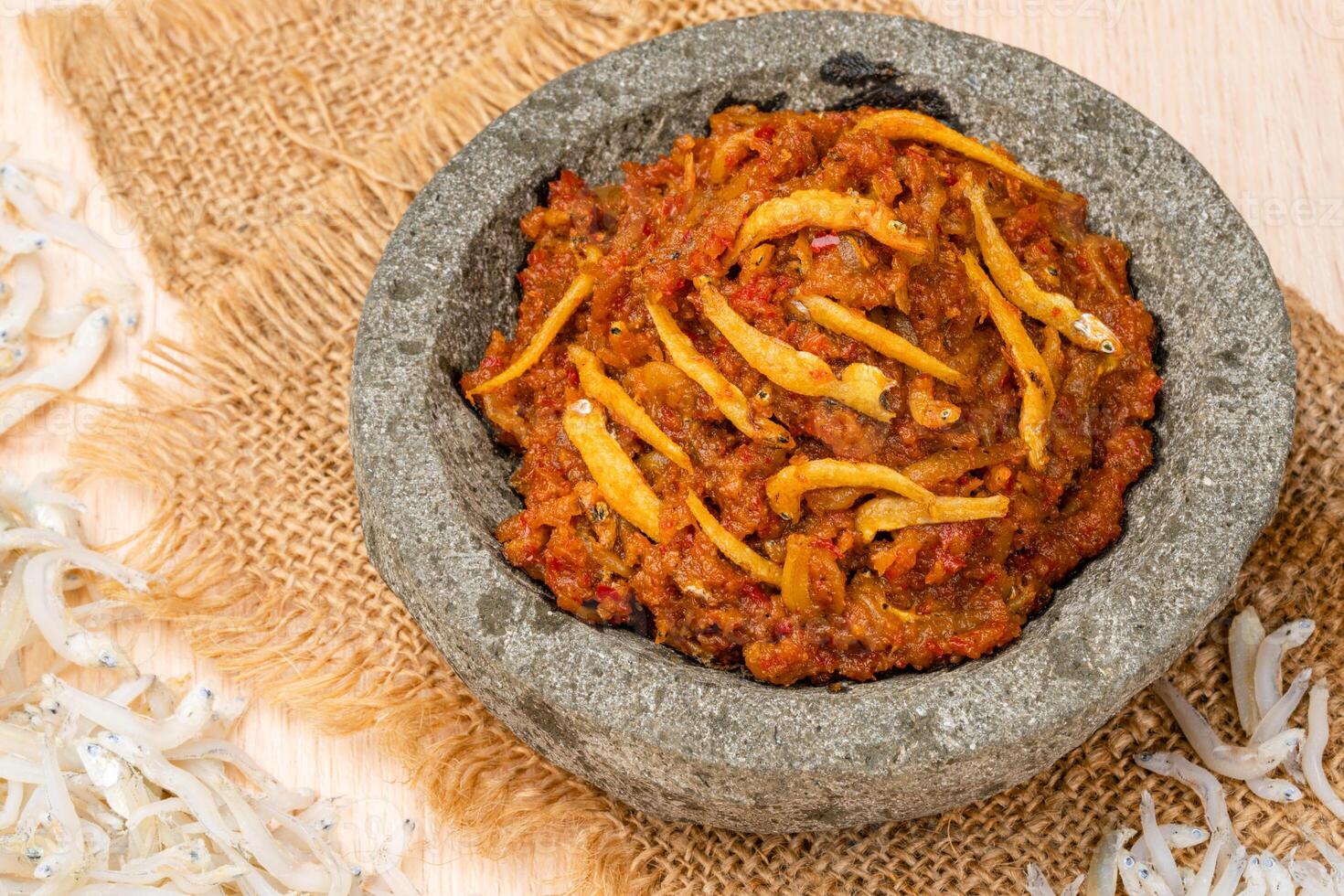 sambal ikan teri or anchovy chili is type of traditional cuisine from Indonesia. Indonesian chili sauce. photo