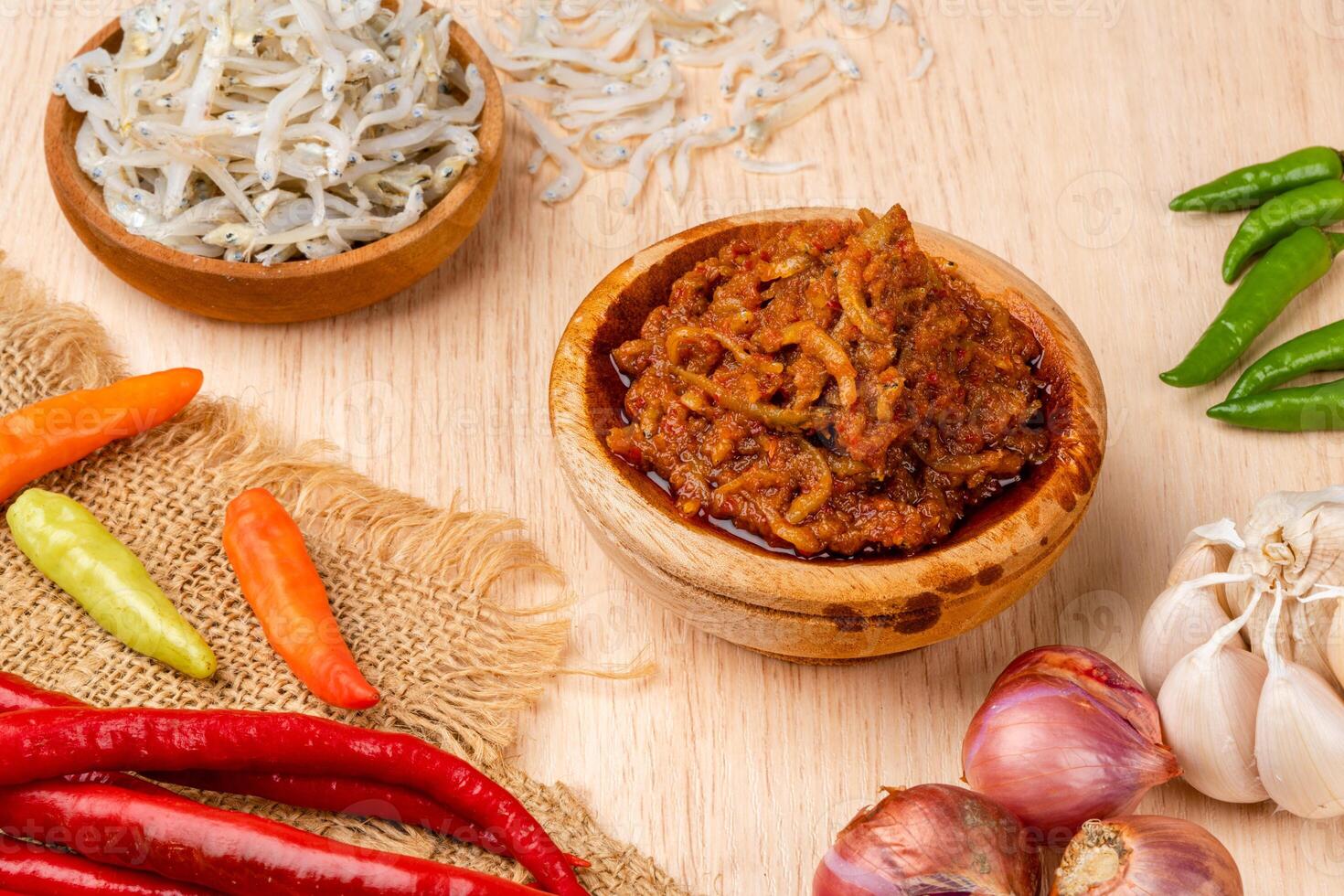 sambal ikan teri or anchovy chili is type of traditional cuisine from Indonesia. Indonesian chili sauce. photo