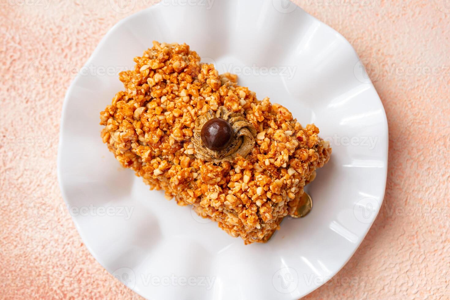 Mocha nougat caramel cake with chocolate chip on top photo