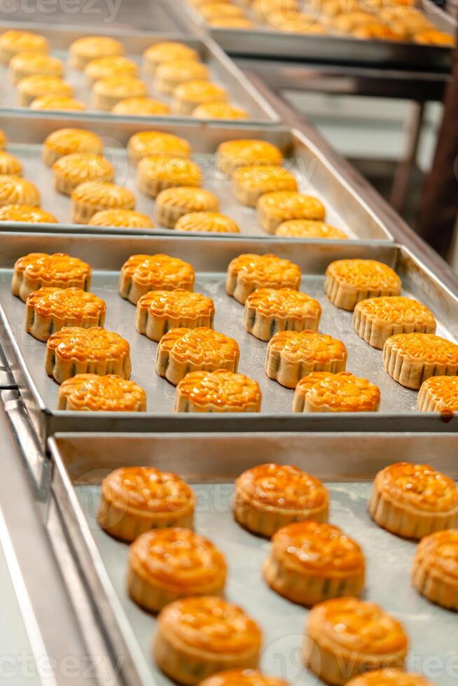 Mooncake making process. A mooncake is a Chinese bakery product traditionally eaten during the Mid Autumn Festival. photo