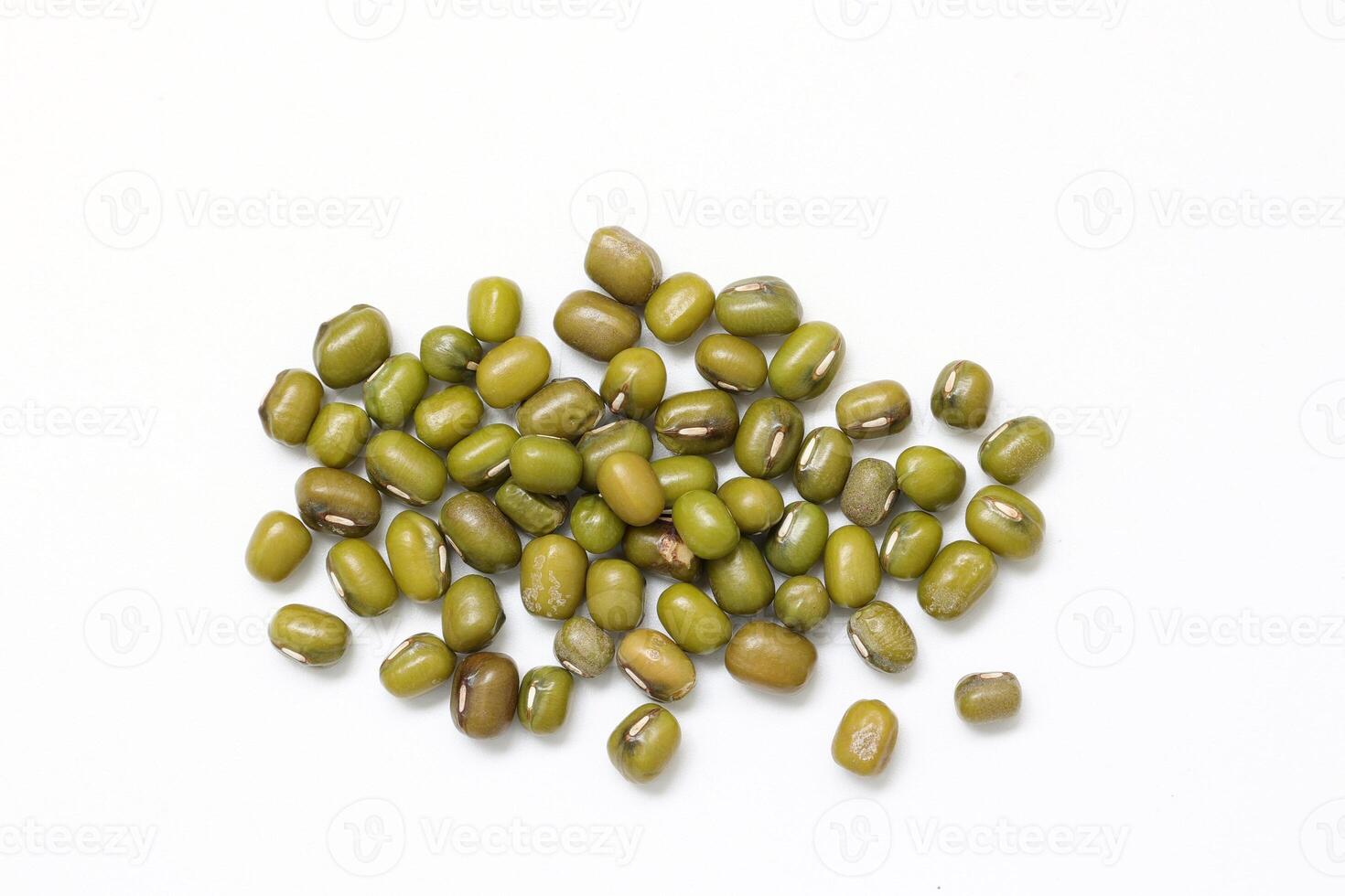 Top view of green mung beans on white background, mung beans seeds photo
