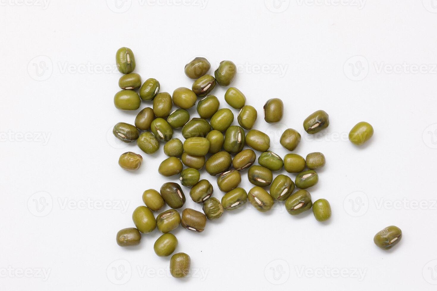 Top view of green mung beans on white background, mung beans seeds photo