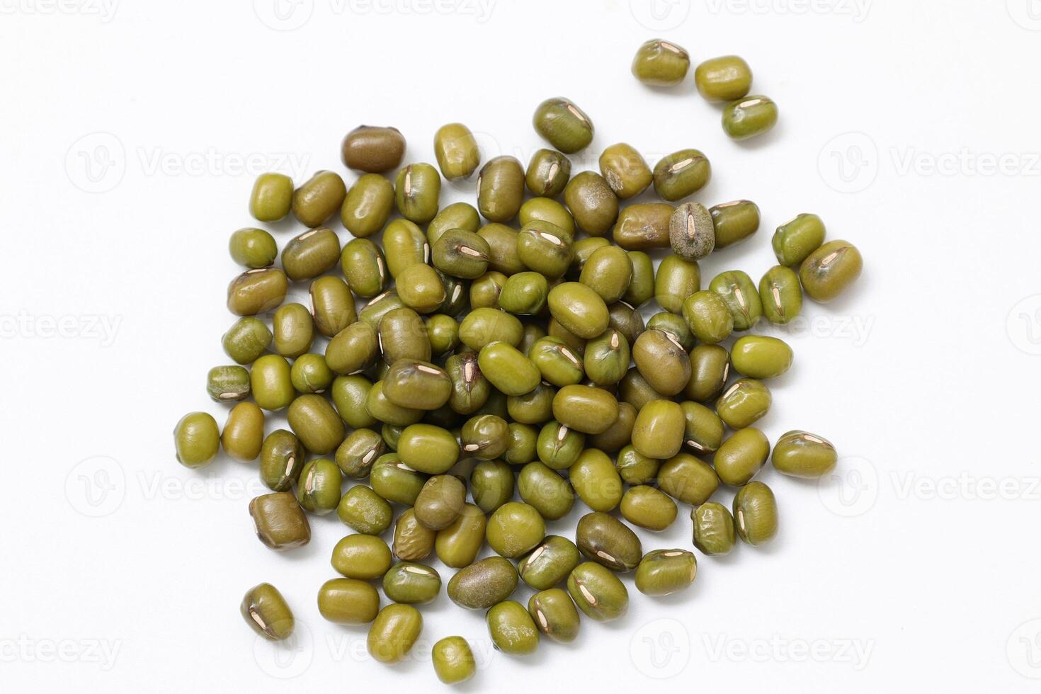 Top view of green mung beans on white background, mung beans seeds photo
