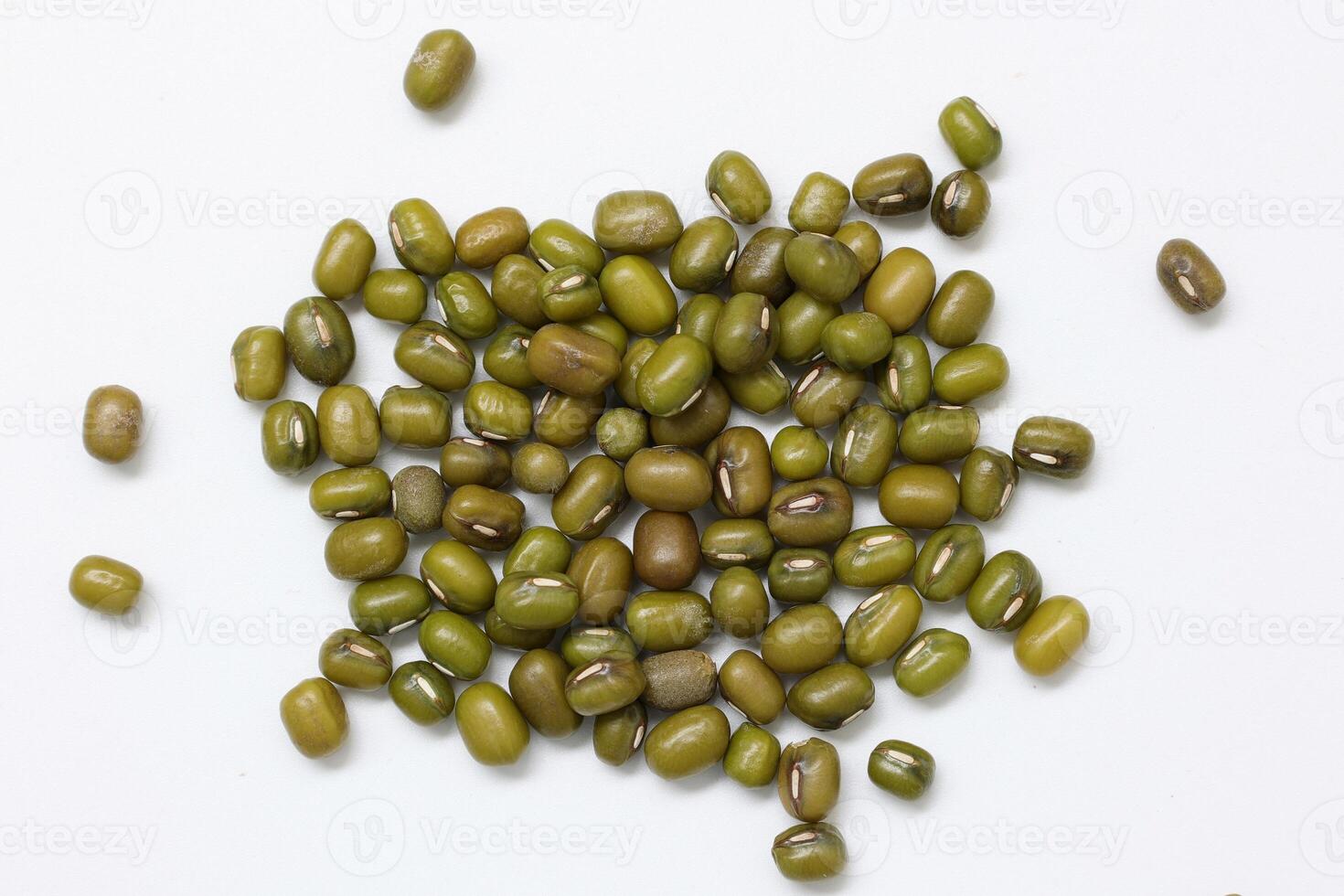 Top view of green mung beans on white background, mung beans seeds photo