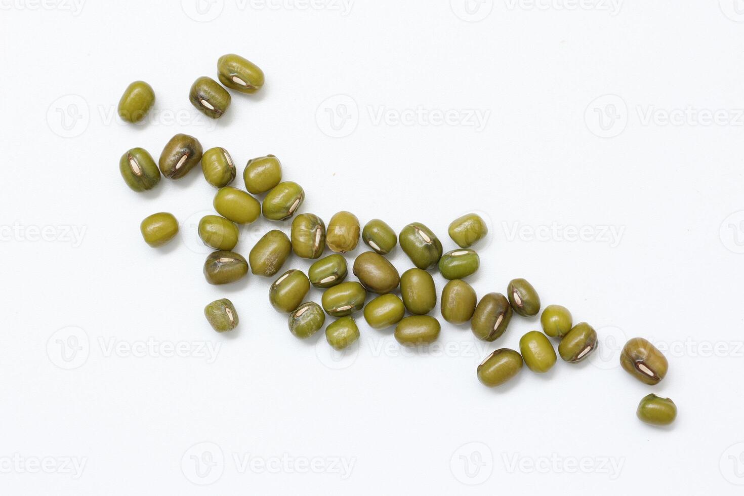 Top view of green mung beans on white background, mung beans seeds photo