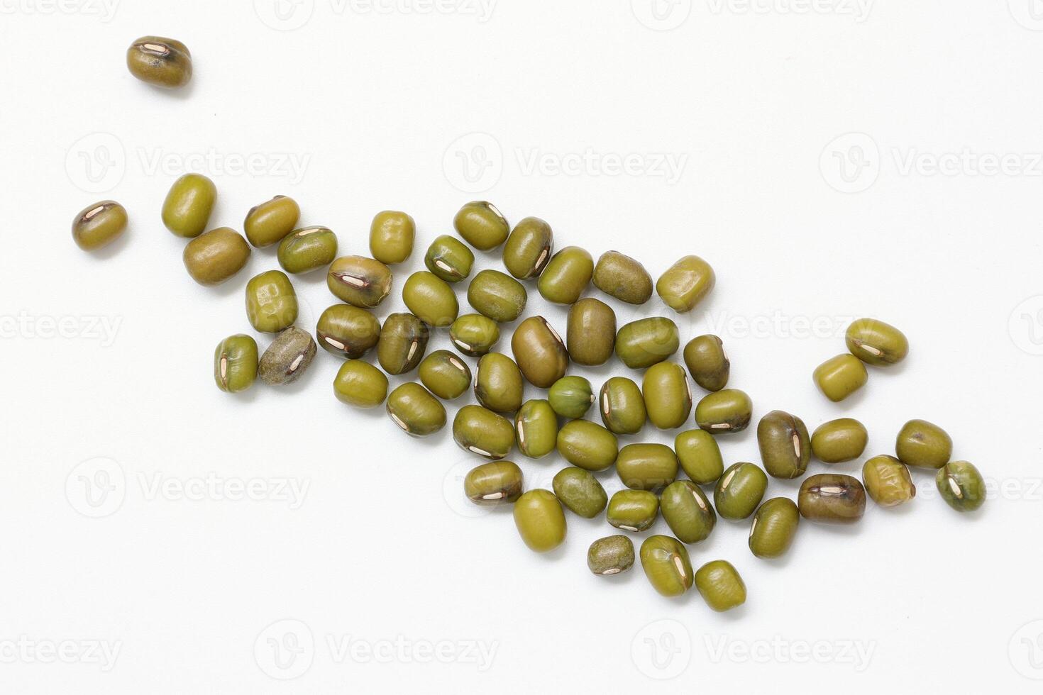 Top view of green mung beans on white background, mung beans seeds photo