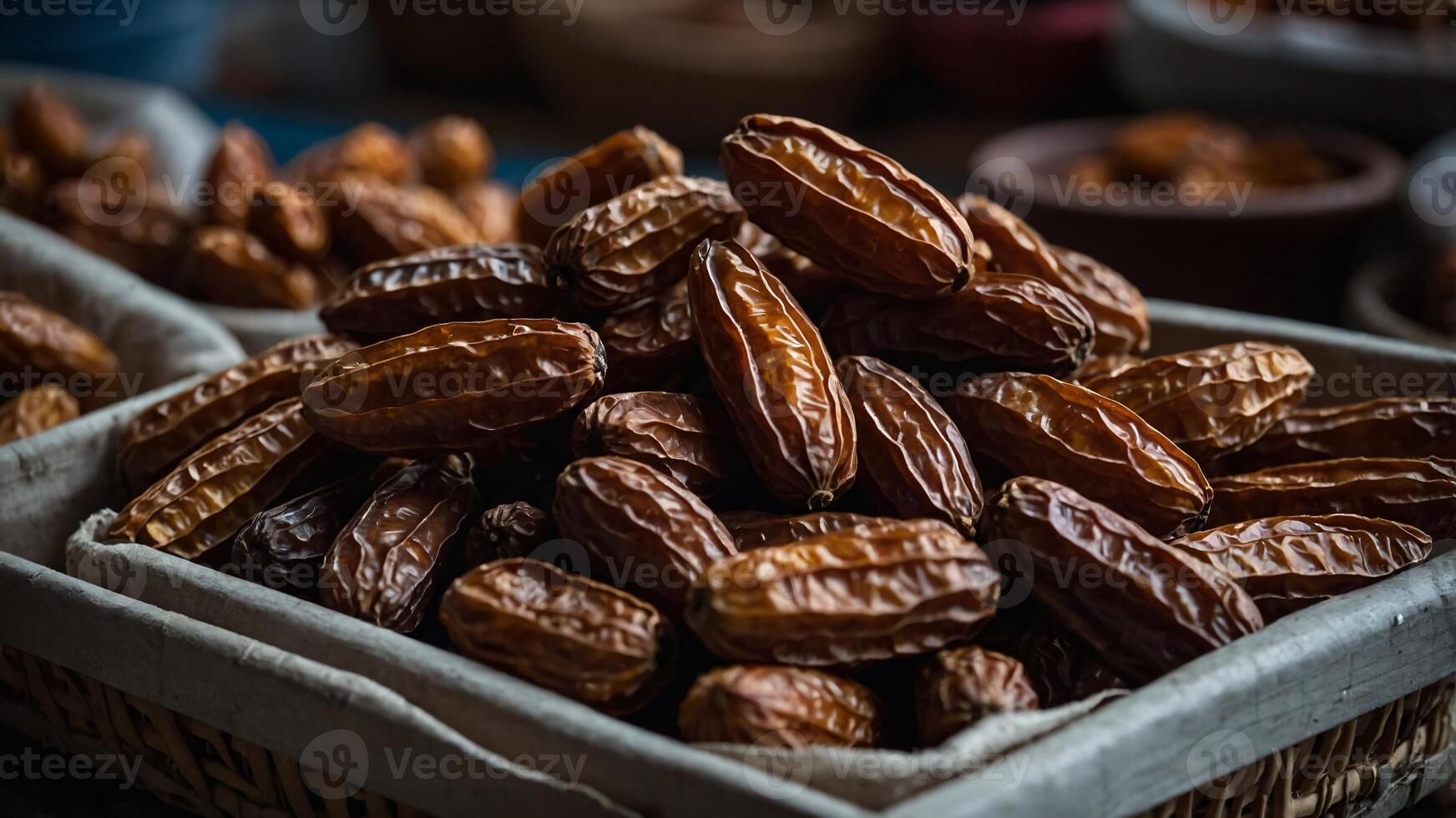 A close-up shot of a basket full of dates, showcasing their rich brown color and natural texture. photo