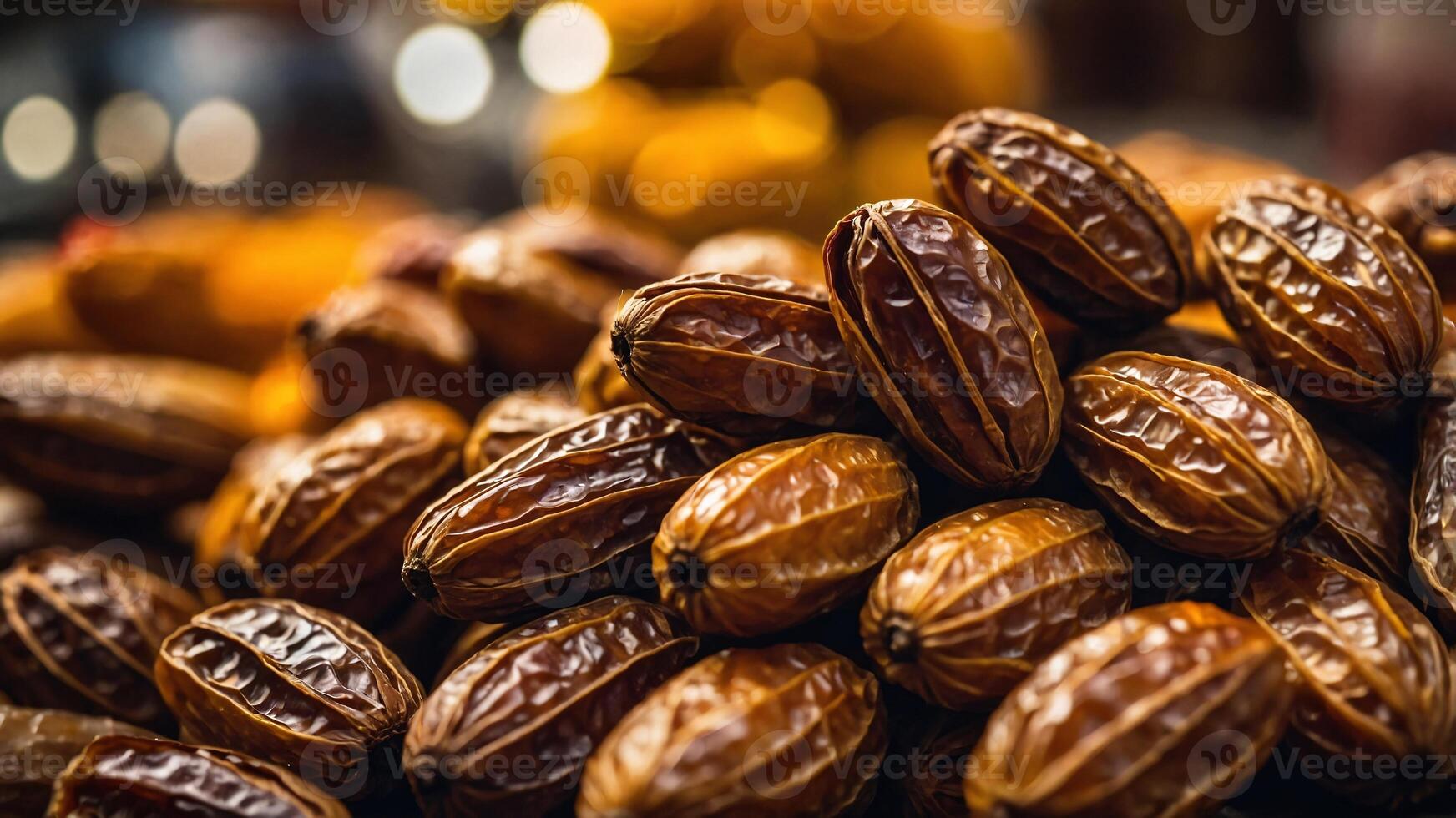 A close-up view of a pile of dates, revealing their rich, brown color and intricate texture. The dates are a sweet and nutritious snack, enjoyed around the world. photo