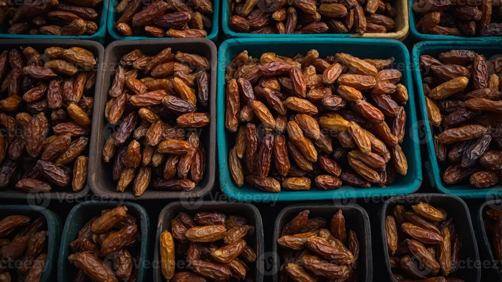 A close-up shot of dates arranged in baskets. The dates are a rich brown color and are arranged in a neat pattern. They look delicious and inviting. photo