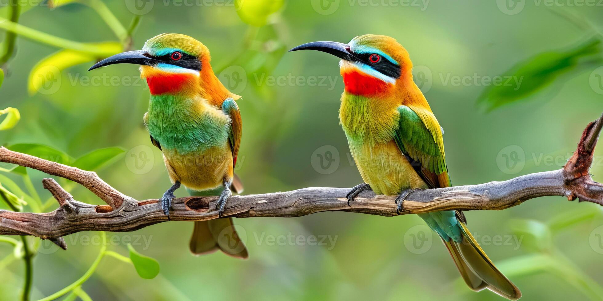 Vibrant bee-eaters on a branch against a blurred background photo