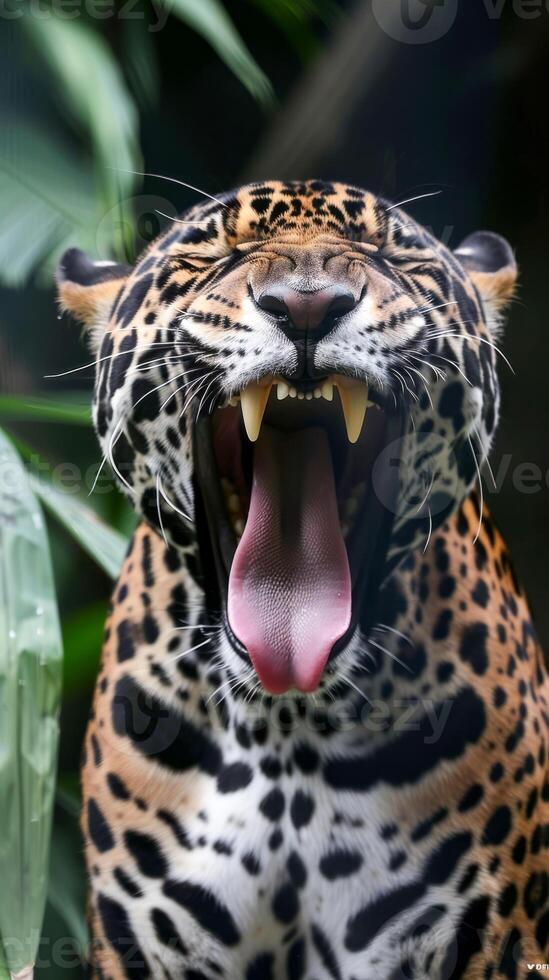 Yawning jaguar showing large teeth in dense forest photo