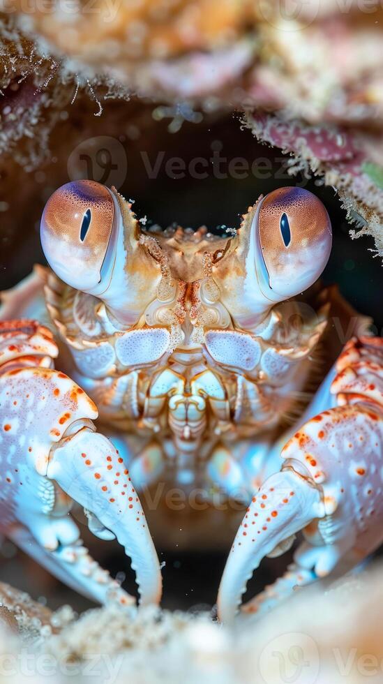 Colorful mantis shrimp peeking out of coral reef photo