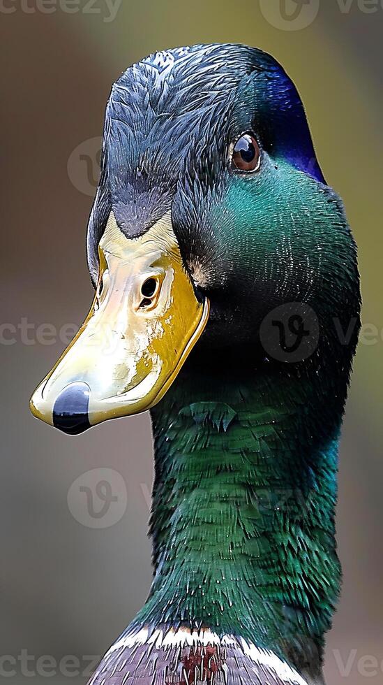 Vibrant portrait of a mallard duck with colorful feathers photo