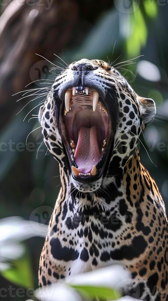 Fierce jaguar yawning and revealing sharp fangs photo
