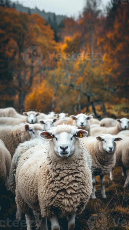 Flock of sheep in autumn forest photo