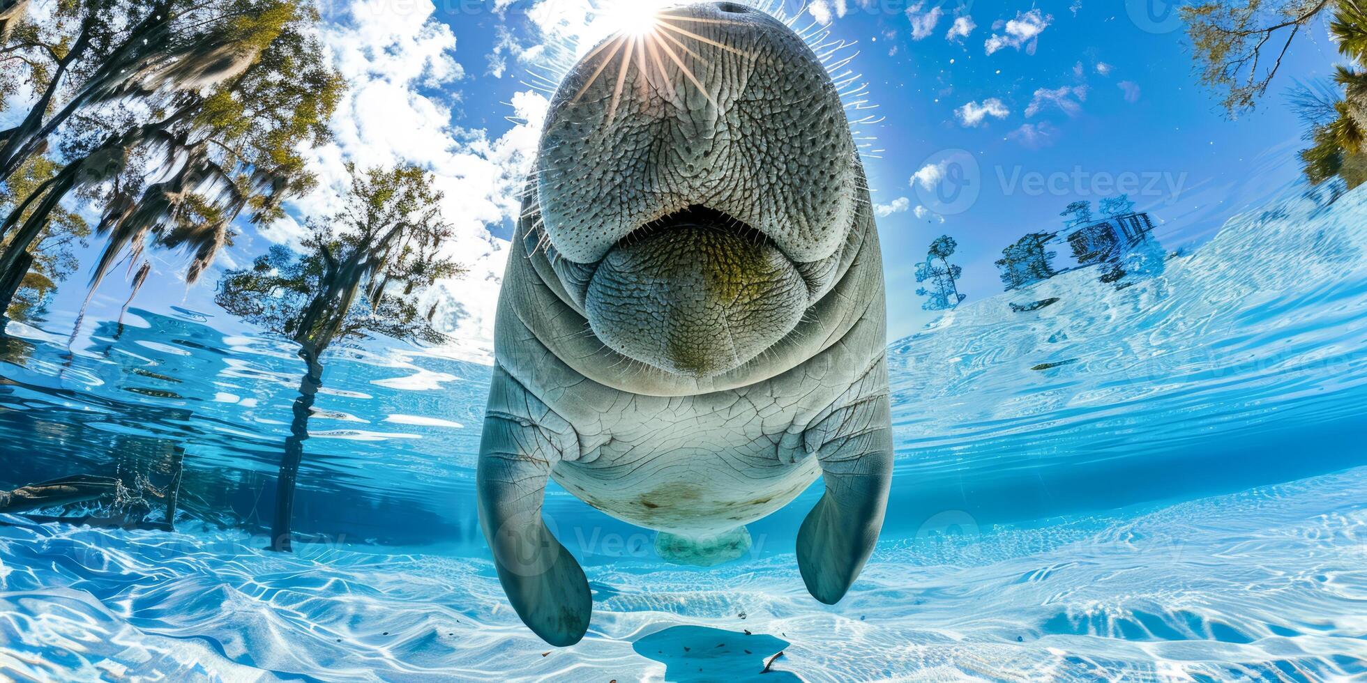 Underwater manatee with sun rays photo