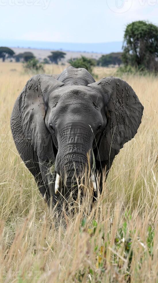 Elephant walking through tall dry grassland photo
