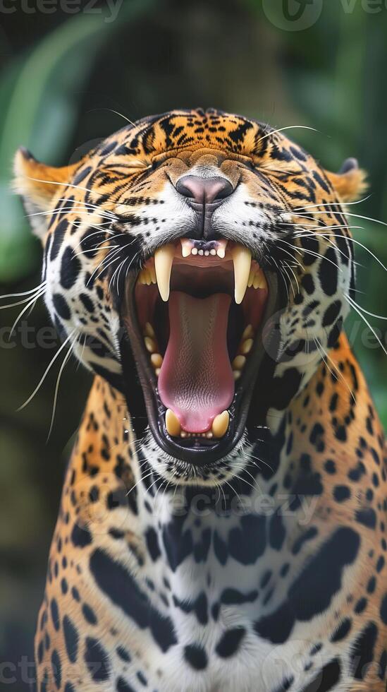 Roaring jaguar with open mouth and sharp teeth in the jungle photo
