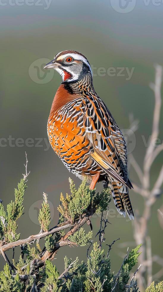 Vibrant Barred Buttonquail perched on green foliage photo