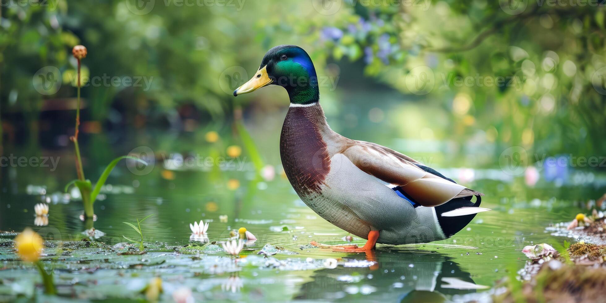 Mallard duck splashing in water surrounded by green foliage photo