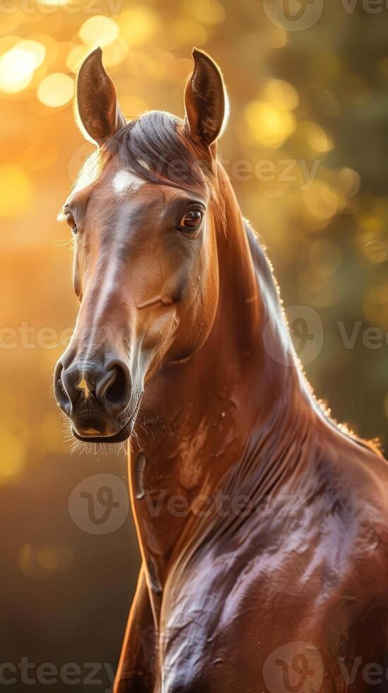 Majestic brown horse in the golden glow of sunset photo