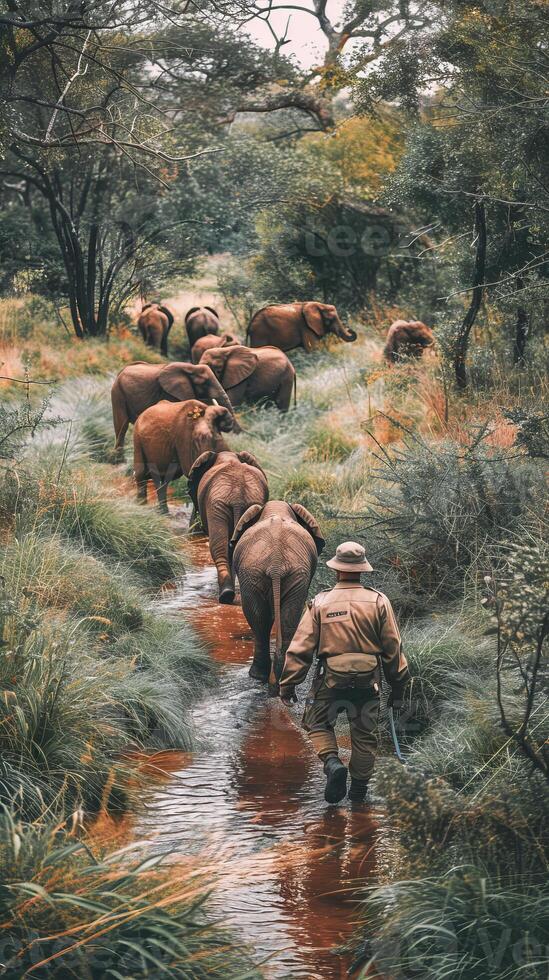 Ranger following elephants in lush forest photo