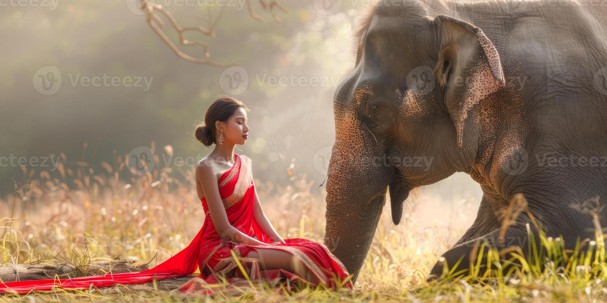 Woman in red sari bonding with elephant in golden field photo