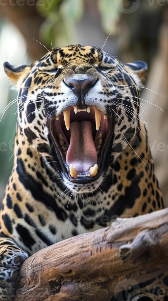 Close-up of yawning jaguar with sharp teeth and spotted fur photo