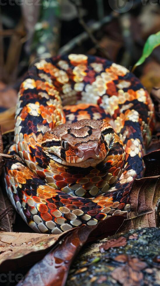 Colorful snake coiled on forest floor close-up photo