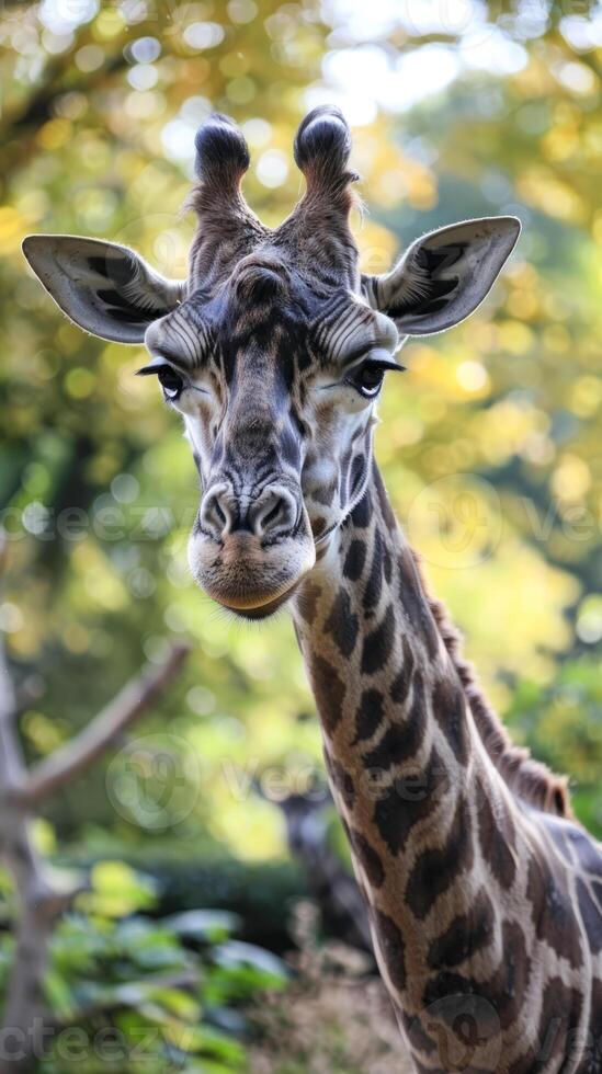 Close-up of giraffe in zoo with blurred background photo