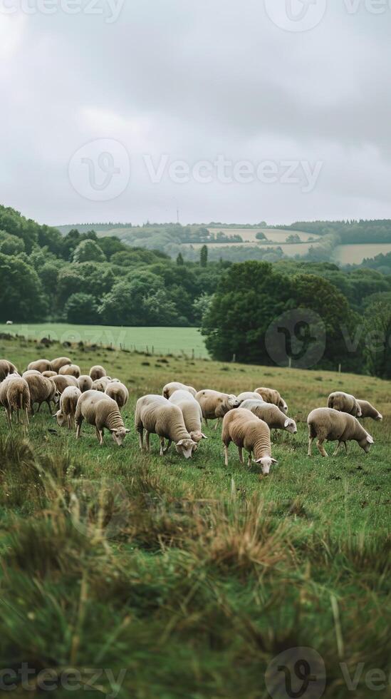 Grazing sheep on cloudy day in lush green field photo