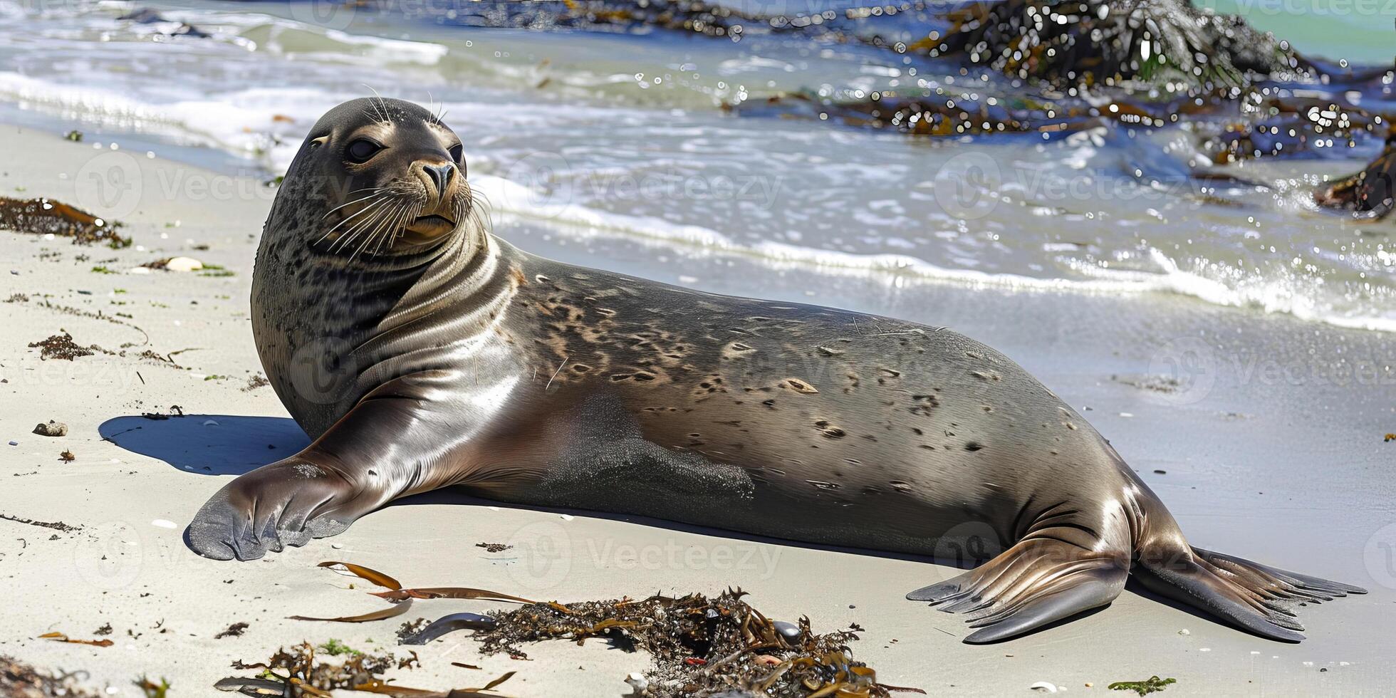 Relaxed seal resting on sandy beach by ocean waves photo
