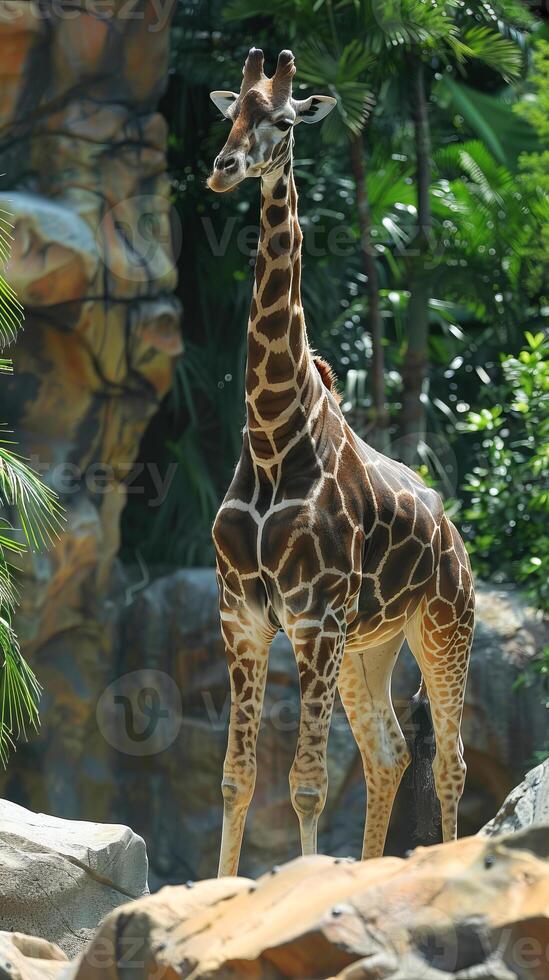 Giraffe in lush zoo habitat during sunny day photo