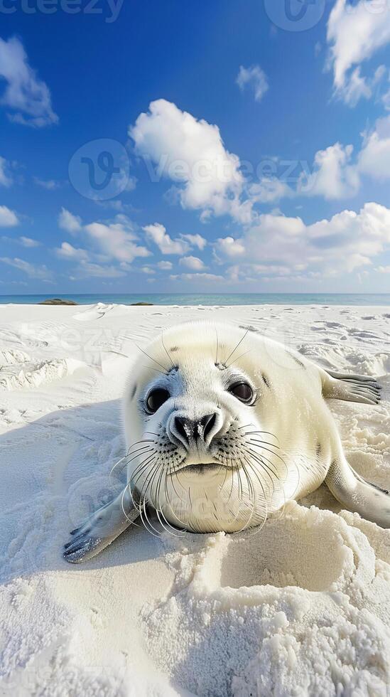 Adorable seal pup relaxing on pristine white sand beach photo