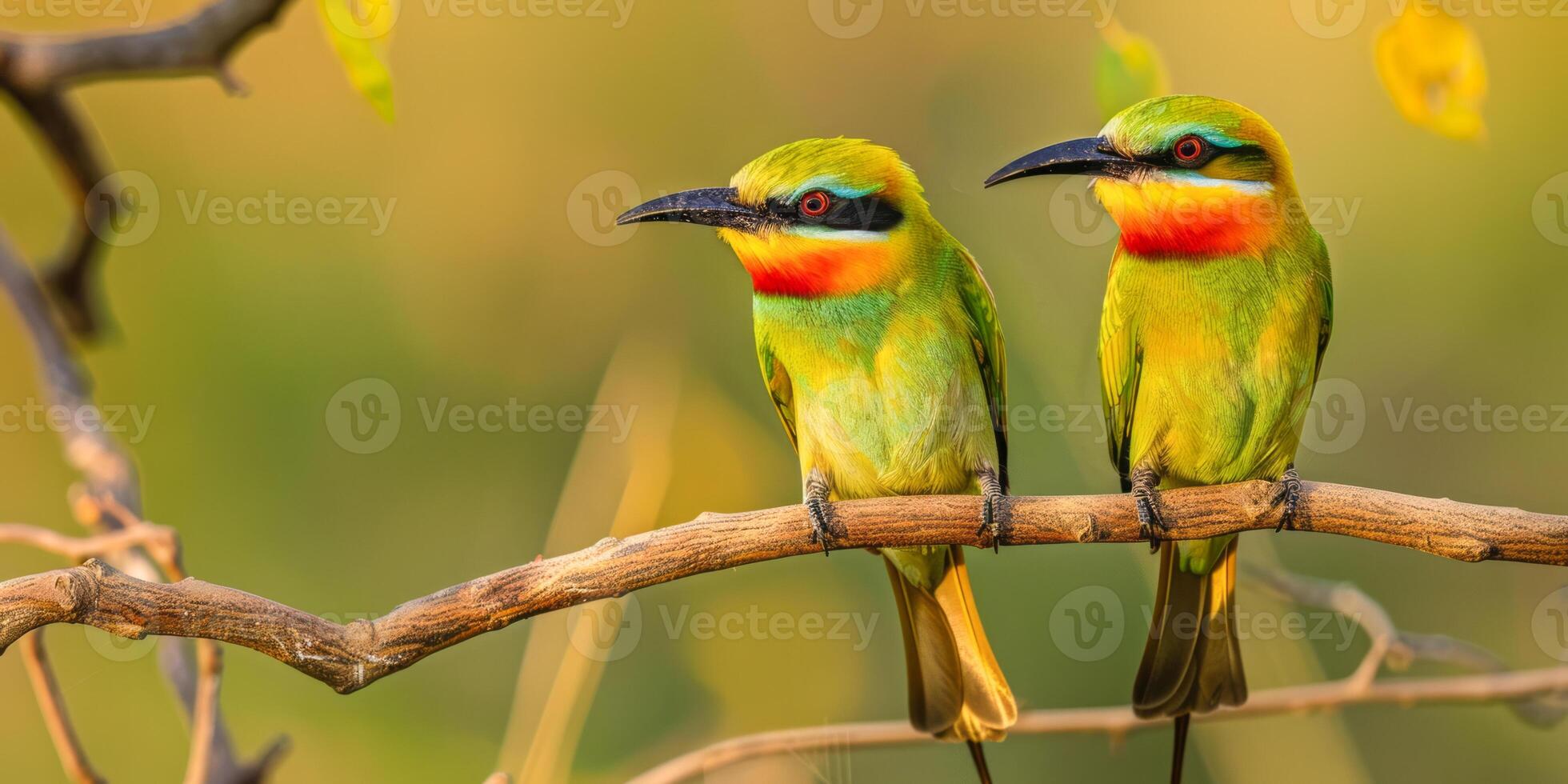 Colorful bee-eaters perched on a bare branch in nature photo