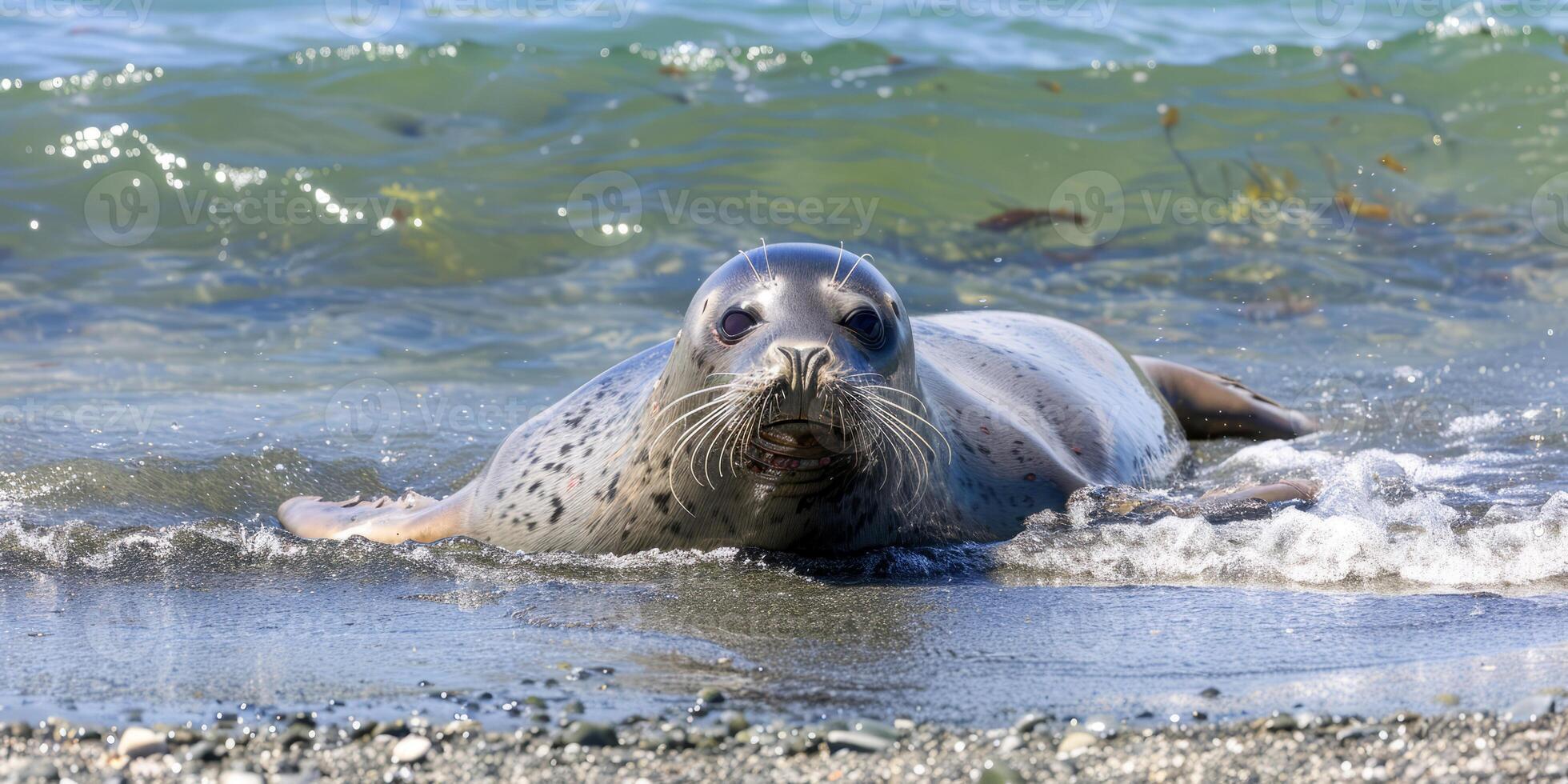 Seal entering ocean waves from rocky beach photo