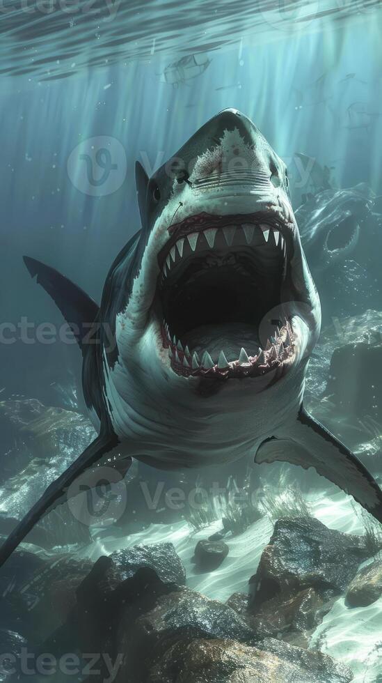 Terrifying great white shark attack underwater, open jaws photo