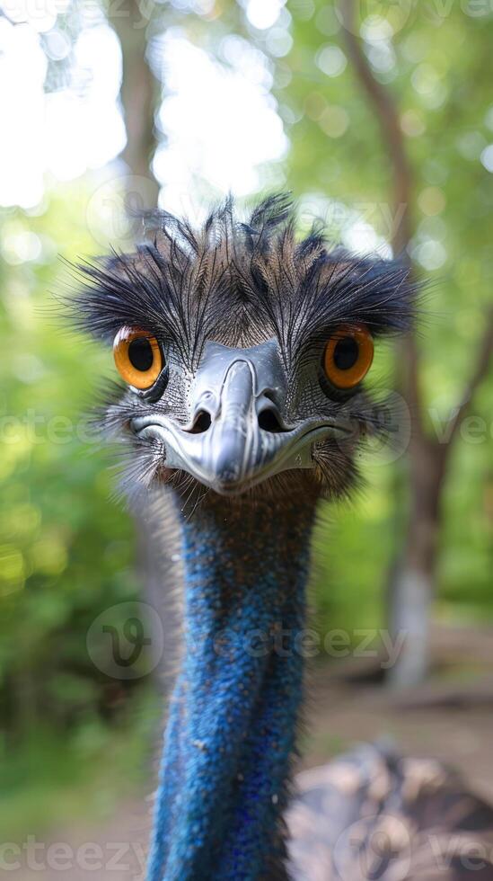 Emu close-up in green forest environment photo