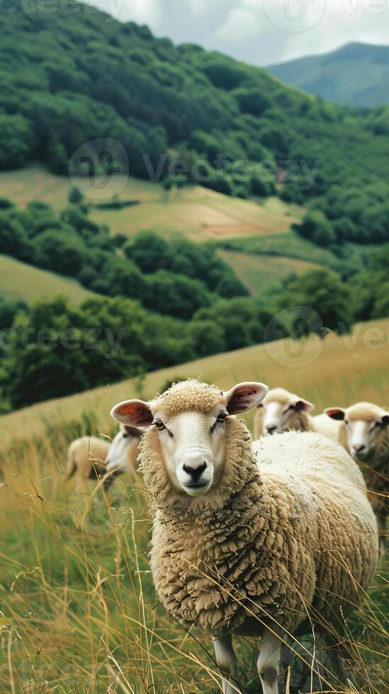 Curious sheep in green mountain pasture photo