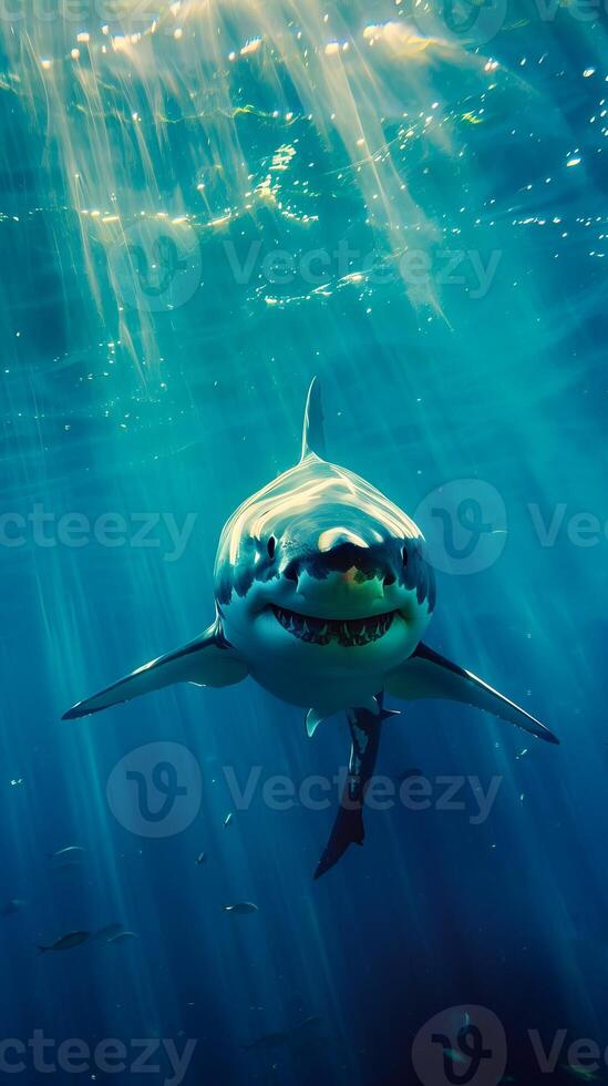 Great white shark in blue ocean waters with sunlight beams photo