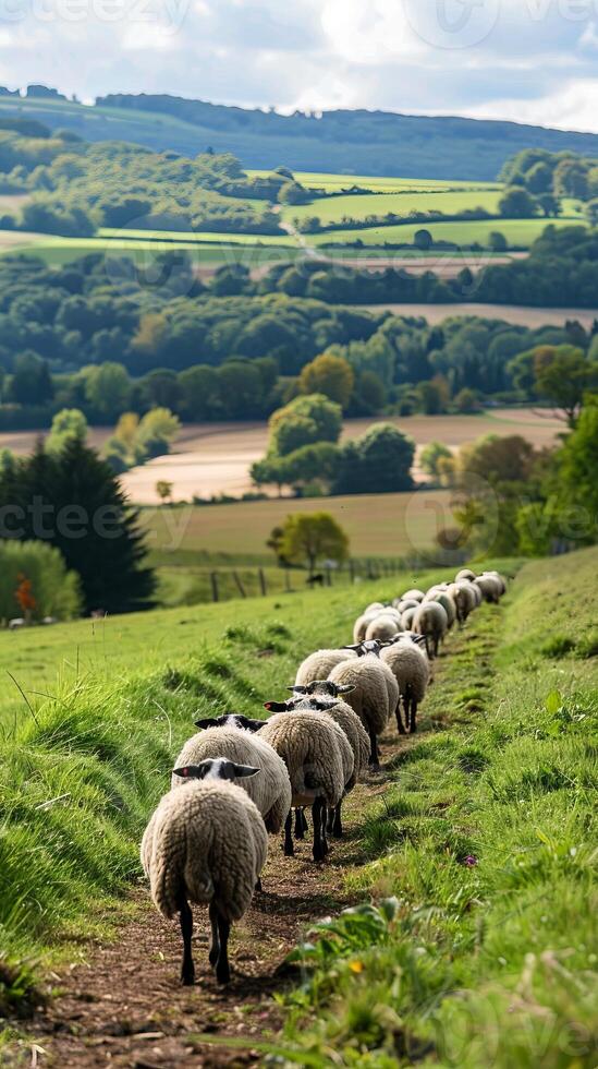 Sheep flock walking on scenic countryside path photo