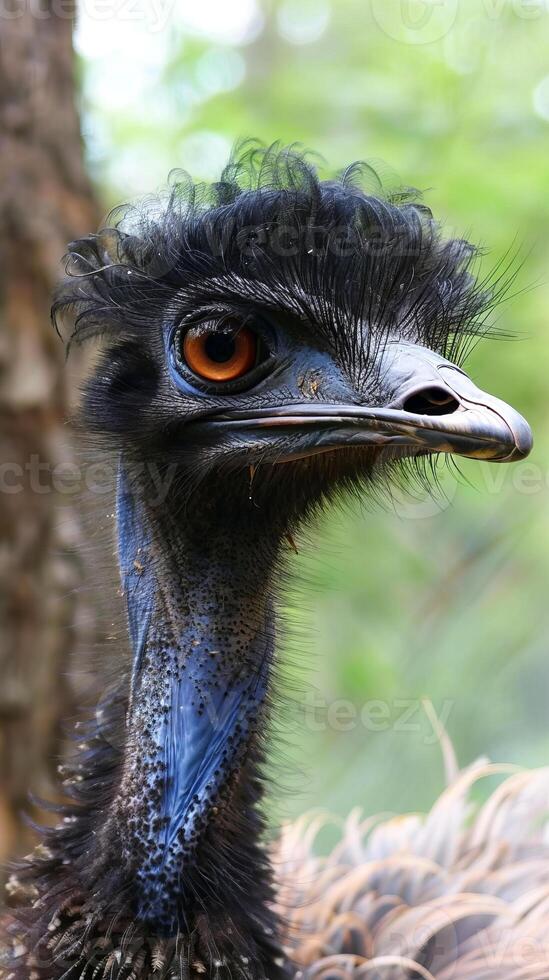 Close-up of an emu's face with detailed feathers and striking orange eye photo