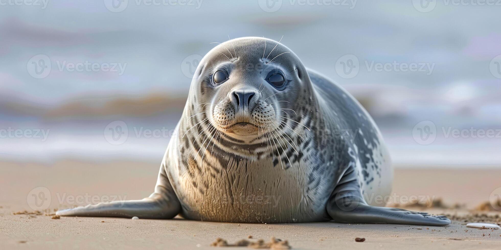 Seal pup on sandy beach close-up photo