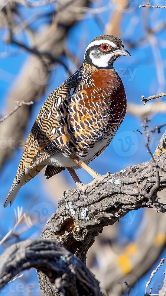 Barred Buttonquail standing on a tree branch in spring photo